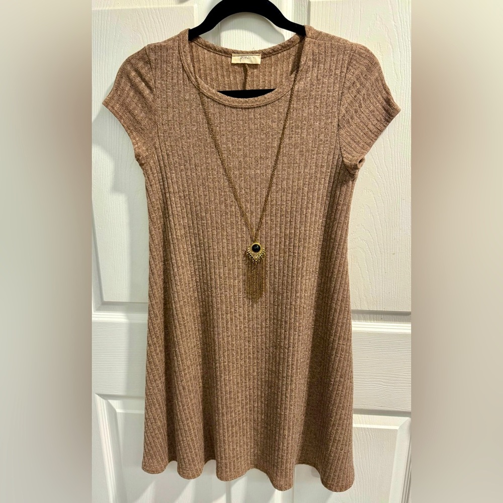 Elegant Tan Ribbed Knit Dress